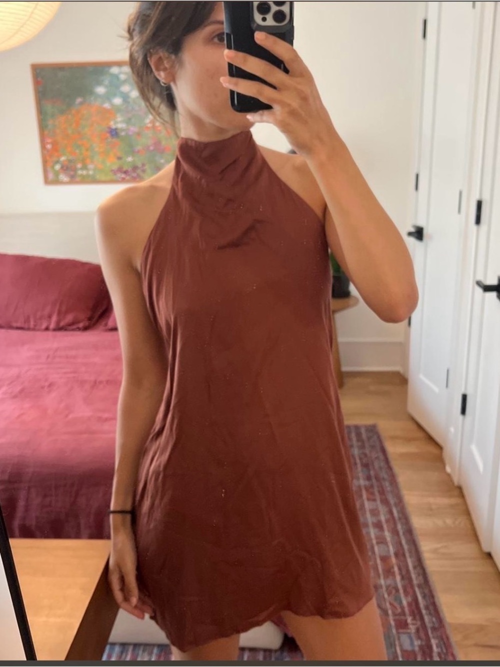 High-Neck Sleeveless Mini Dress in Deep Brown